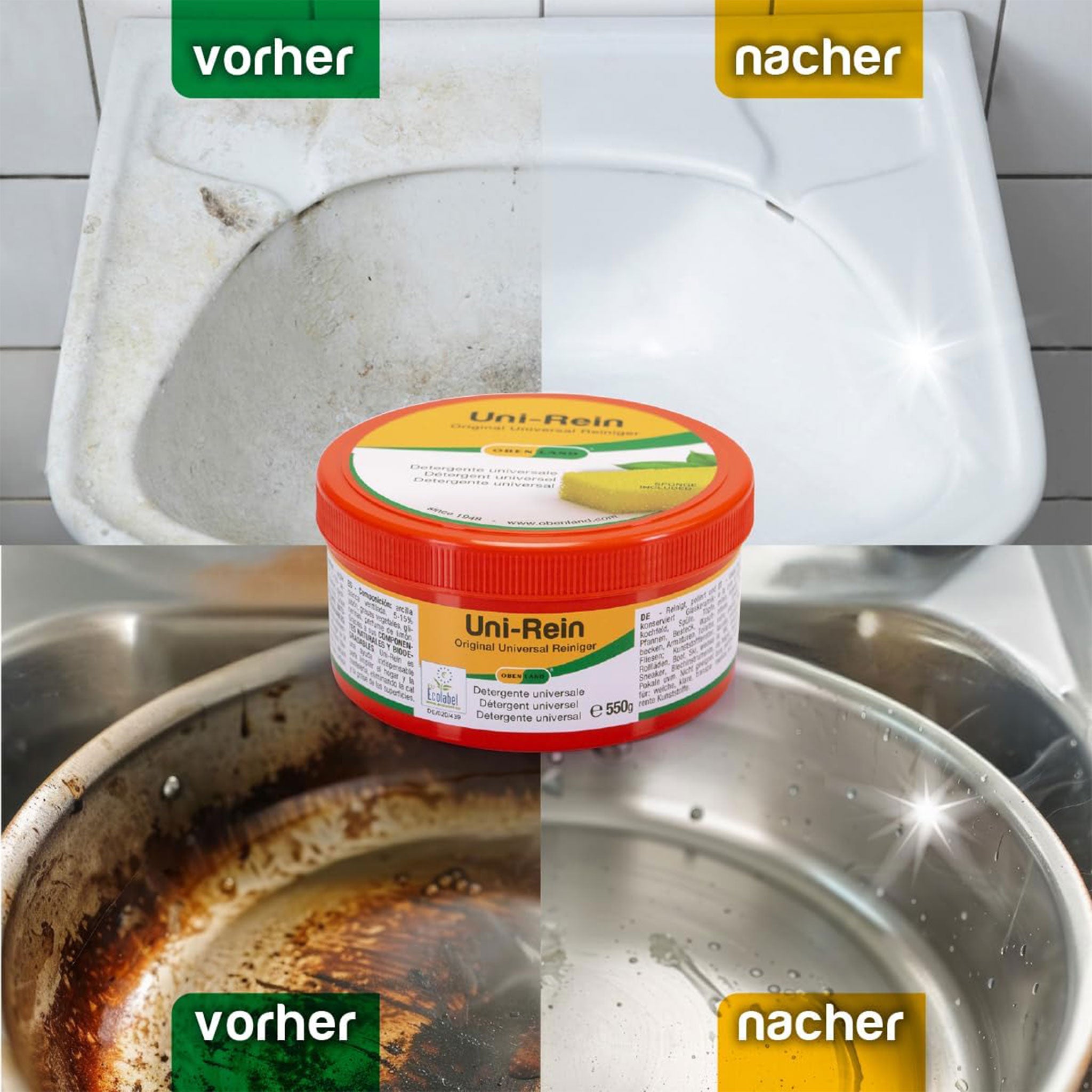 Obenland Uni-Rein – öko Putzstein mit 2 Schwämmen – Vielseitiger Universalreiniger für alle Oberflächen in Küche, Bad, WC und Armaturen, Fenster, Sneaker, Ceranfeld - 700g