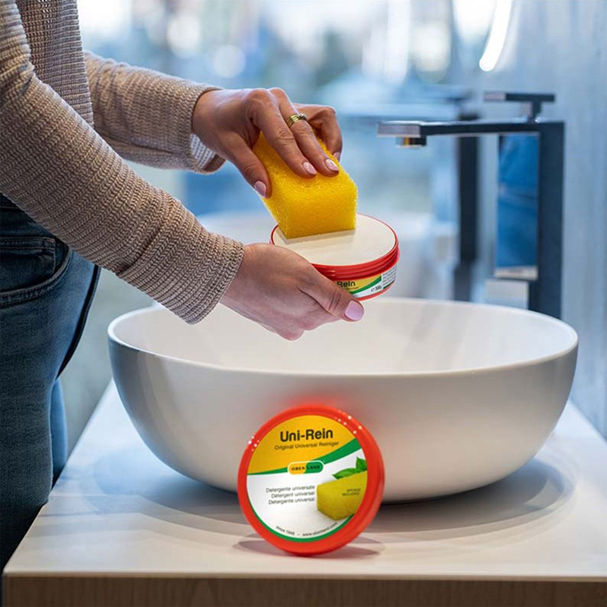 Obenland Uni-Rein – öko Putzstein mit 2 Schwämmen – Vielseitiger Universalreiniger für alle Oberflächen in Küche, Bad, WC und Armaturen, Fenster, Sneaker, Ceranfeld - 700g