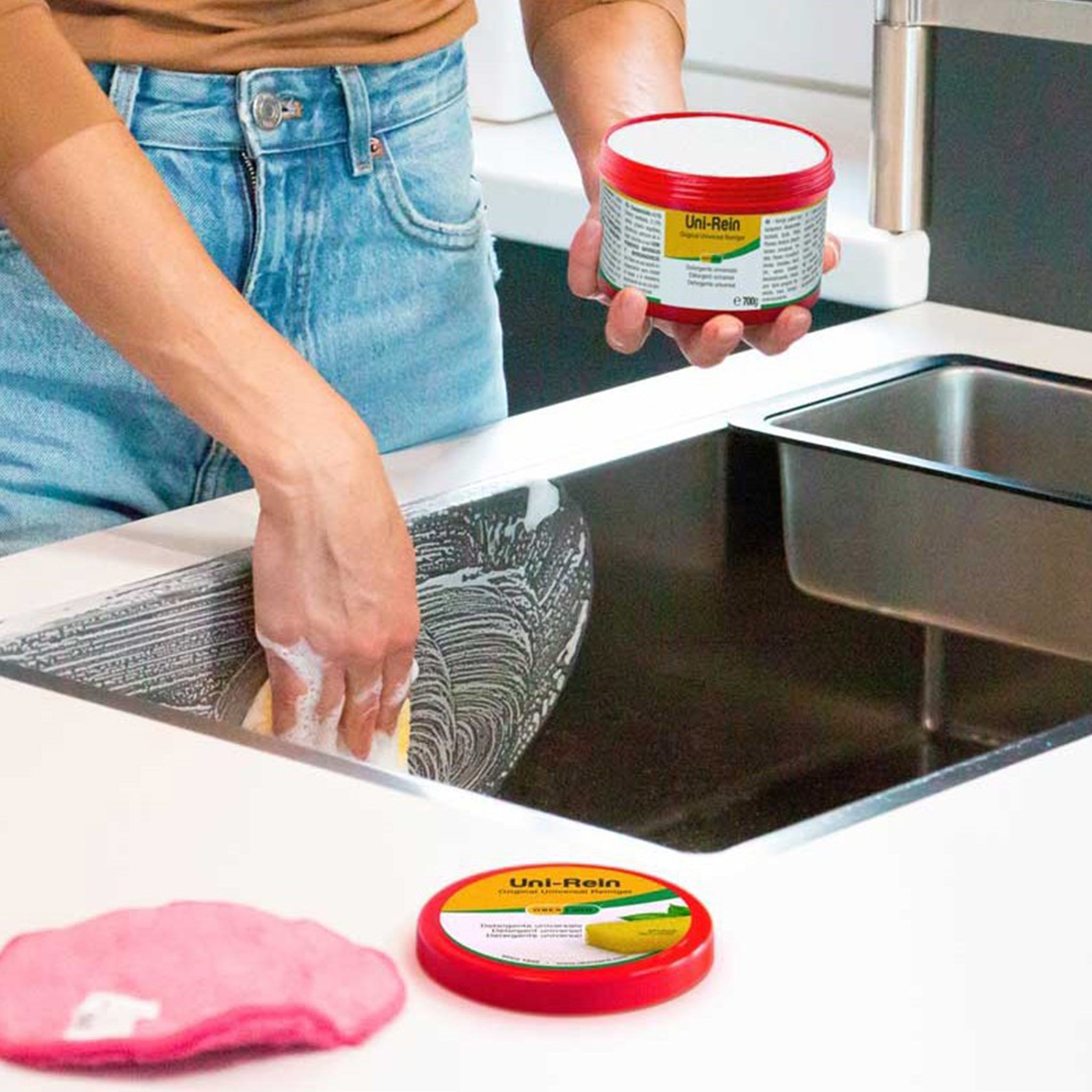 Obenland Uni-Rein – öko Putzstein mit 2 Schwämmen – Vielseitiger Universalreiniger für alle Oberflächen in Küche, Bad, WC und Armaturen, Fenster, Sneaker, Ceranfeld - 700g